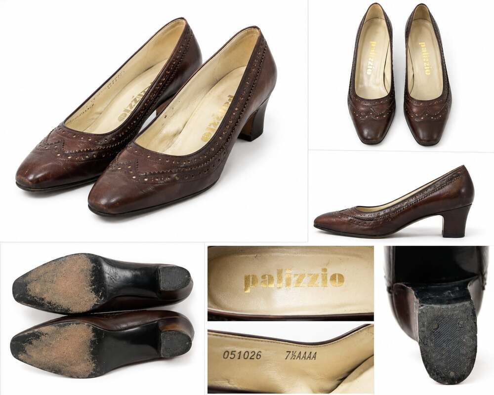 Palizzio Vintage Brown Leather Brogue Wingtip Pumps Block Heels Size 7.5 AAAA